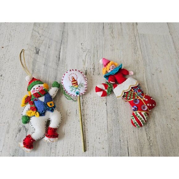 Sequin knit vintage snowman stocking gesture lollipop ornaments Xmas tree set - Picture 1 of 8